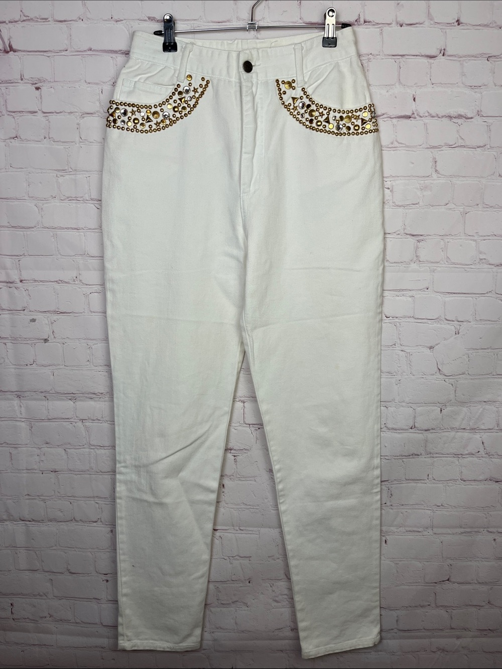 Robin Berry White Jeans with Gold Studs and Rhinestones